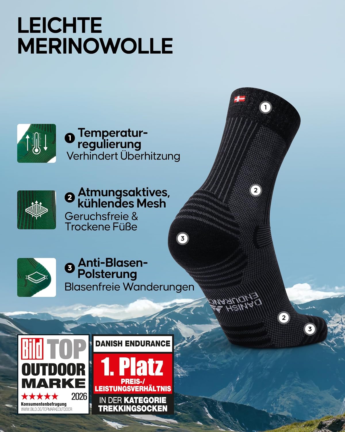 Thumbnail 1 de DANISH ENDURANCE Merino Wandersocken 3–5 Paar