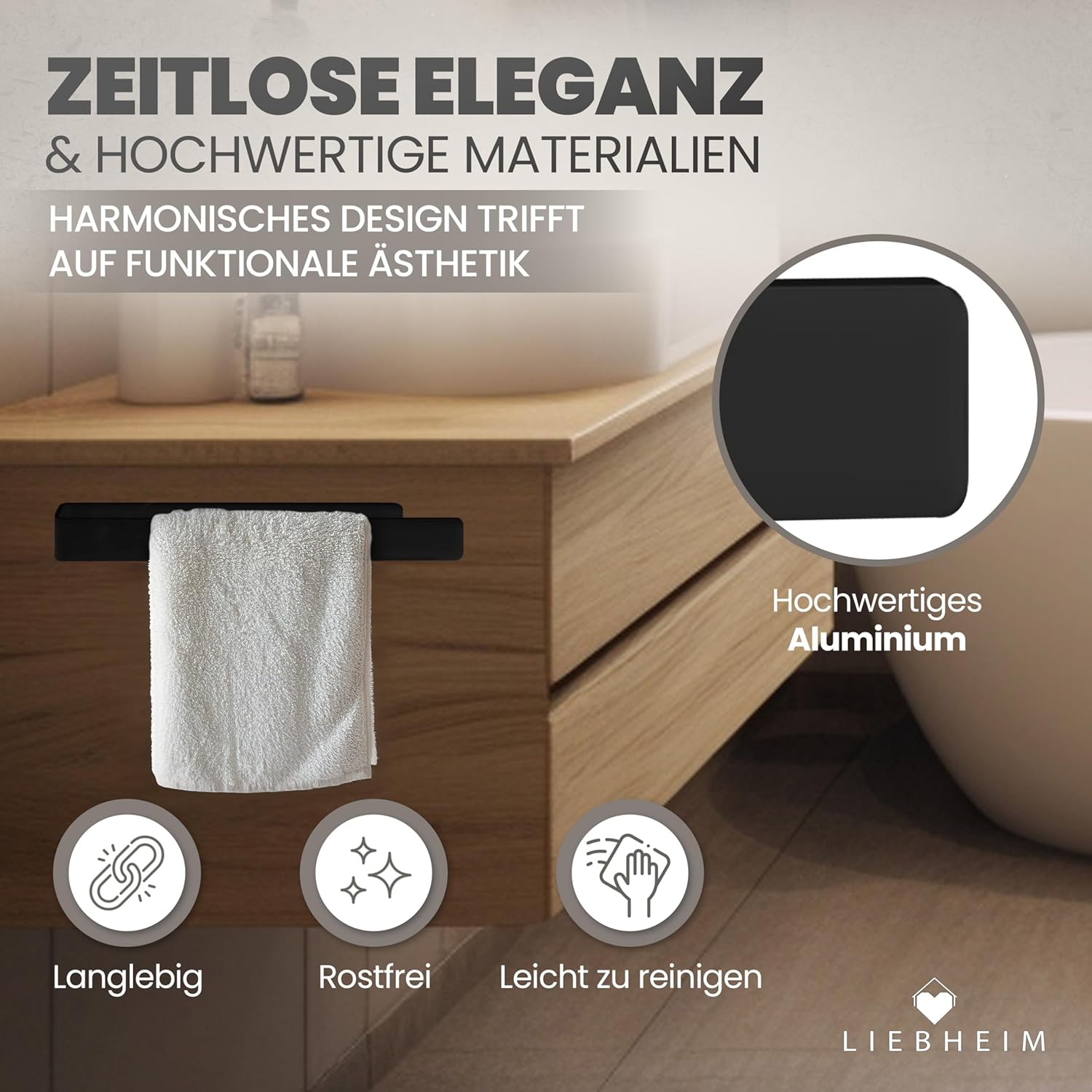 Thumbnail 2 de LIEBHEIM Handtuchhalter ohne Bohren, schwarz – Handtuchstange aus Aluminium, 40 cm