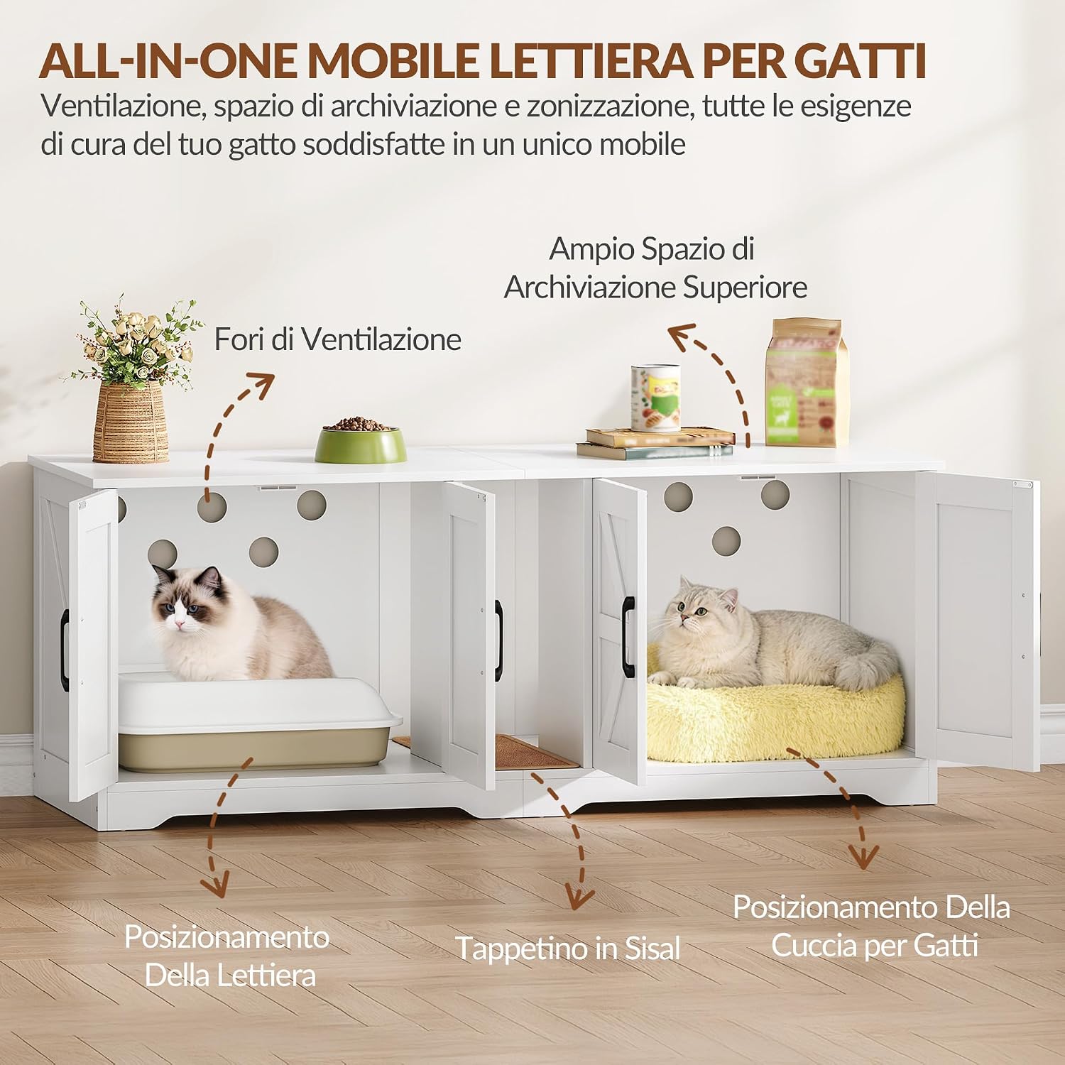 Thumbnail 6 de Fobyfurny Mobile Lettiera per Gatti a Due Posti con Mobiletto Nascosto e Tappetino Graffiante (Bianco, 140 x 50 x 55 cm) – Versatile e Discreto