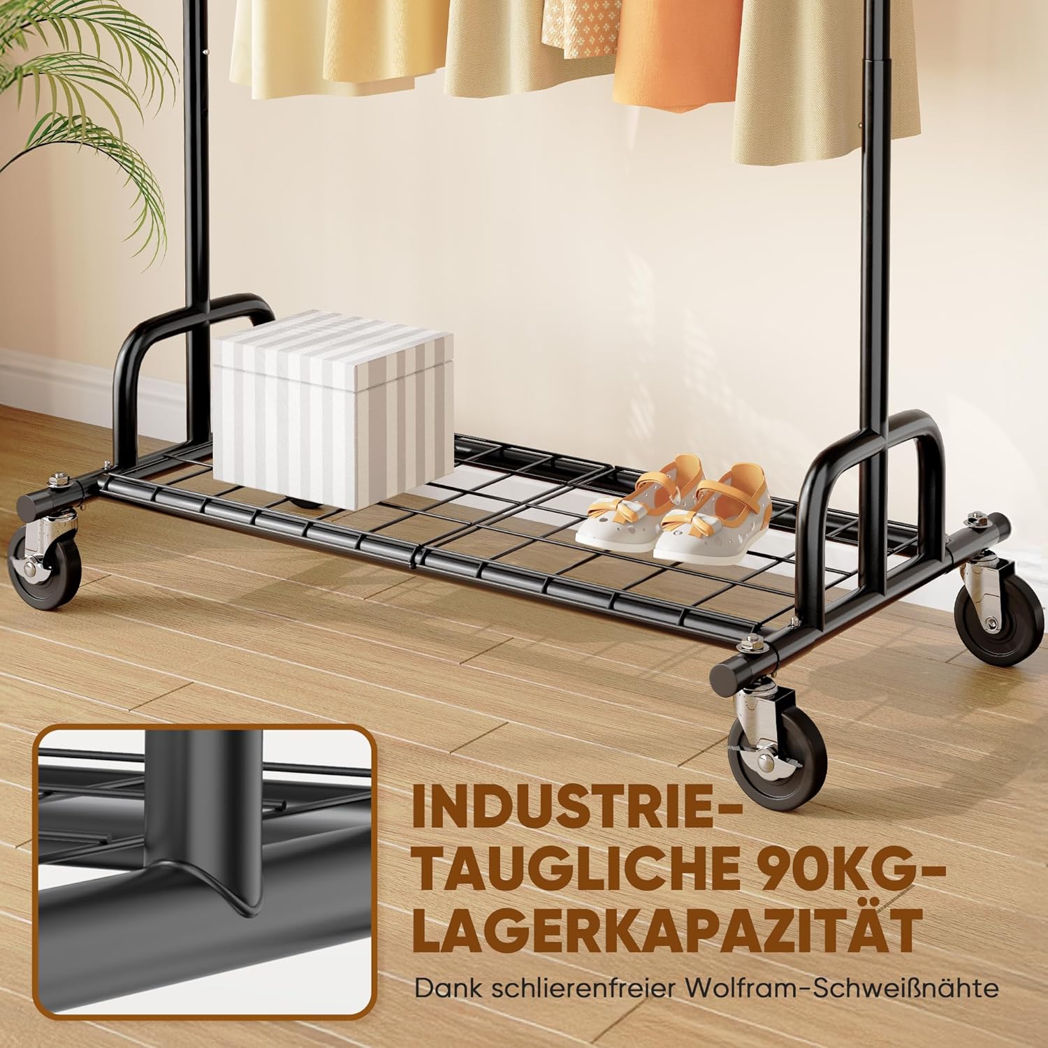 Detalle 2 de HOKEEPER Heavy Duty Clothes Rail 238kg Capacity — Extendable, Locking Wheels and Bottom Shelf
