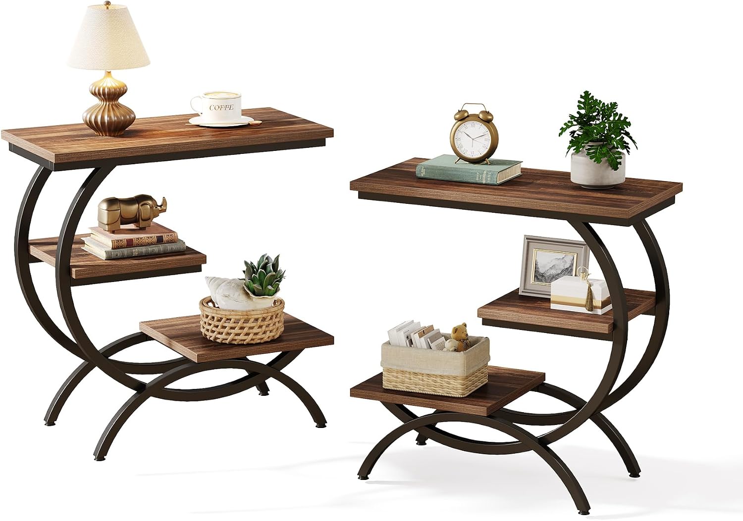 Detalle de LITTLE TREE End Table Set 2, Narrow Sofa Side Table with 3 Shelves