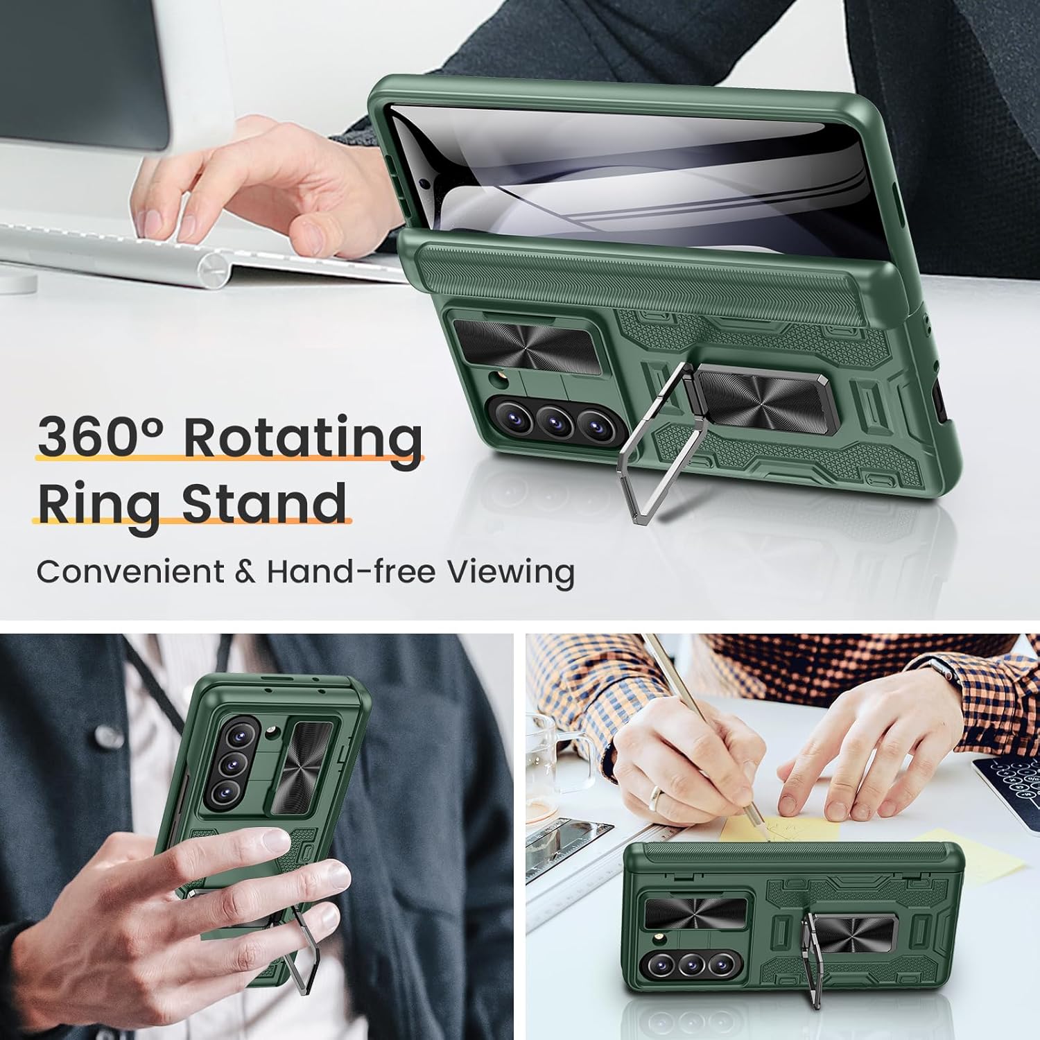 Detalle de VEGO for Galaxy Z Fold 5 Case with Hinge Protection, Screen Protector, 360° Magnetic Kickstand & Slide Camera Cover (Green)