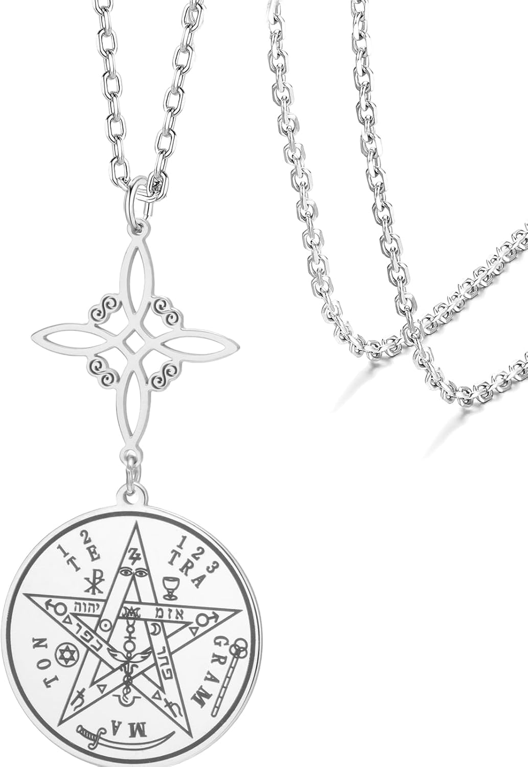 Detalle de VASSAGO Hexenknoten-Halskette aus Edelstahl mit Tetragrammaton- und Pentagramm-Anhänger