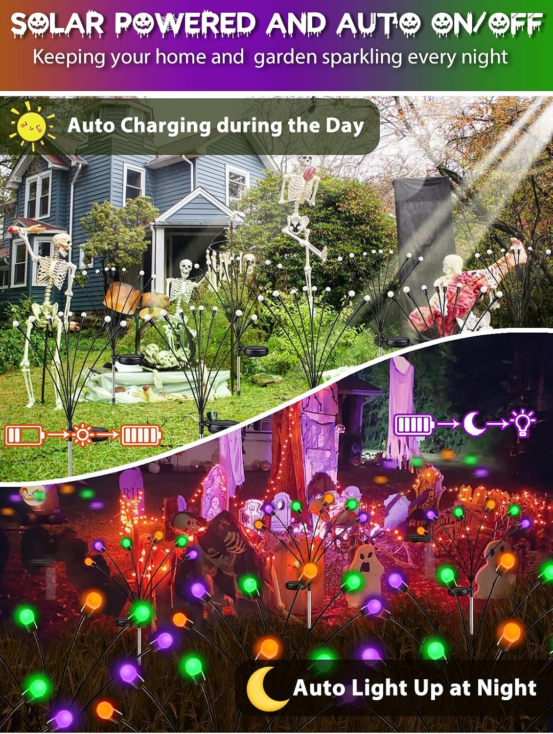 Detalle 2 de SANJICHA 6-Pack Solar Firefly Lights, Halloween Outdoor Decor, 2 Modes