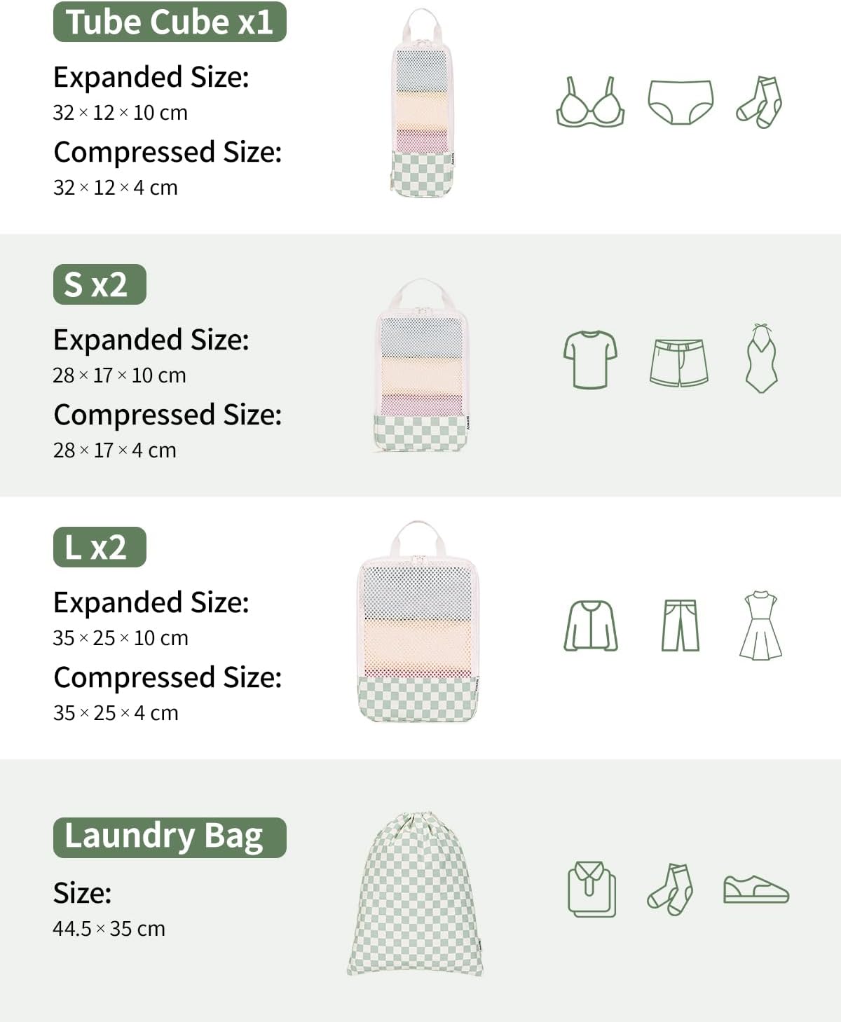 Thumbnail 5 de Narwey 6-teilige Koffer-Organizer Set (Checker Mintgrün) mit Kompressions-Packing Cubes für Cabin-Travel
