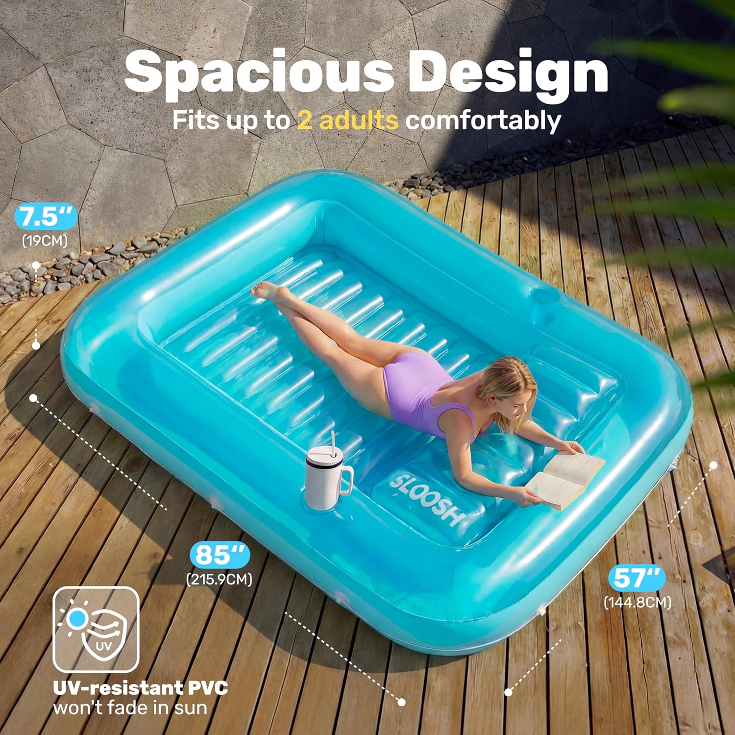 Detalle de Sloosh Inflatable Tanning Pool Lounger Float (85" x 57") — XL Blue 4-in-1 Suntan Tub Raft Lounge