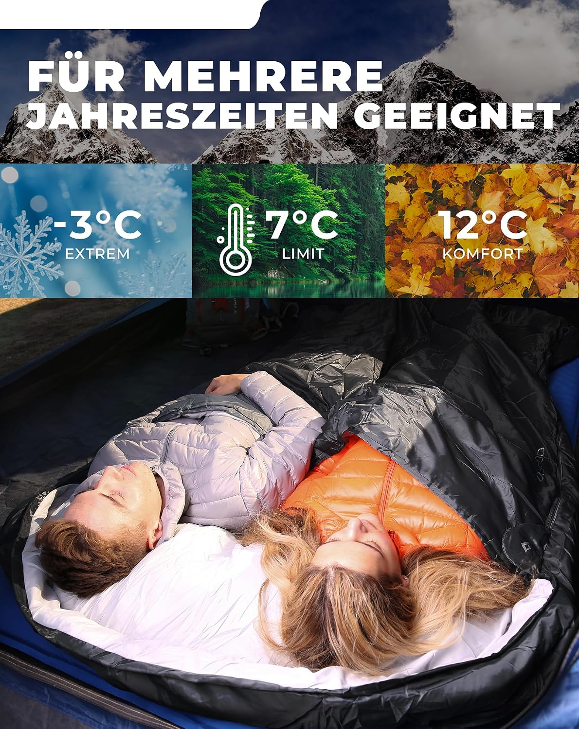 Thumbnail 2 de KingCamp Deckenschlafsack Doppelschlafsack 220 × 150 cm mit 2 Kissen – ideal für Familiencamping