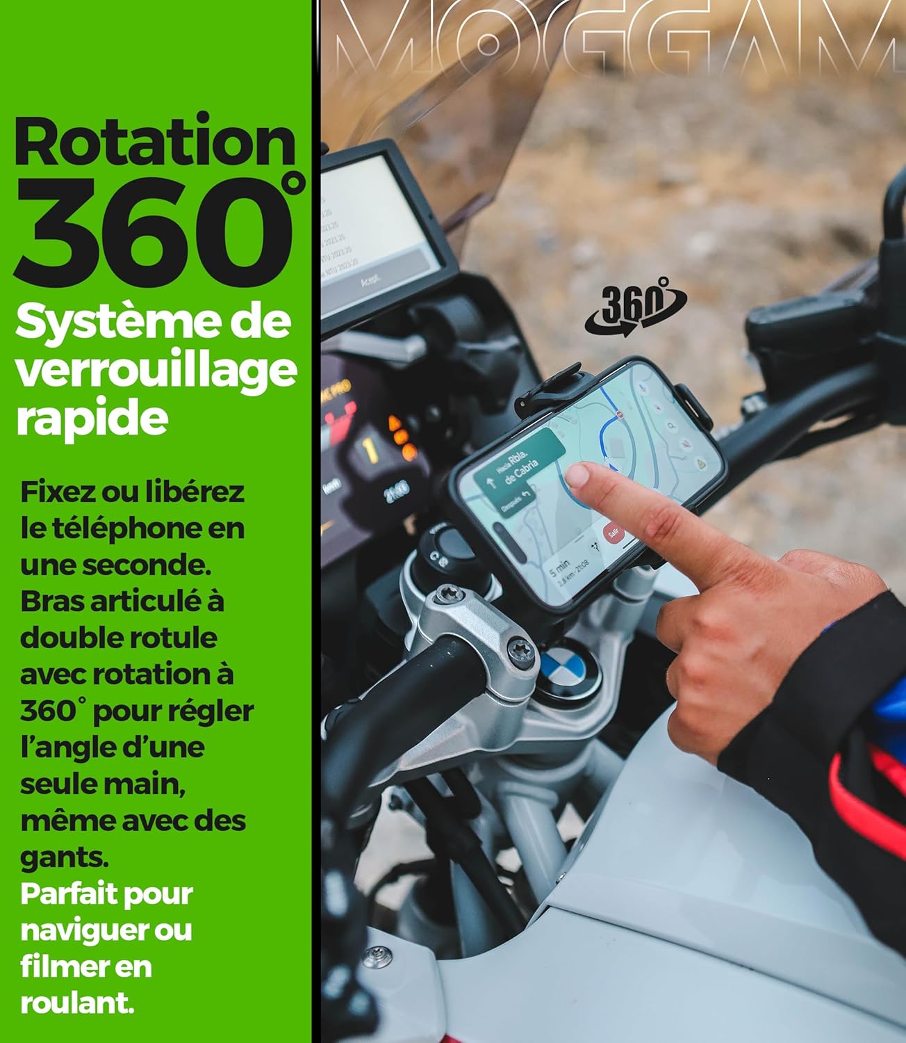 Thumbnail 2 de Support Téléphone Moto MOGGAM – fixation antivibration 360° en aluminium CNC pour smartphone 5,4–7,2 pouces