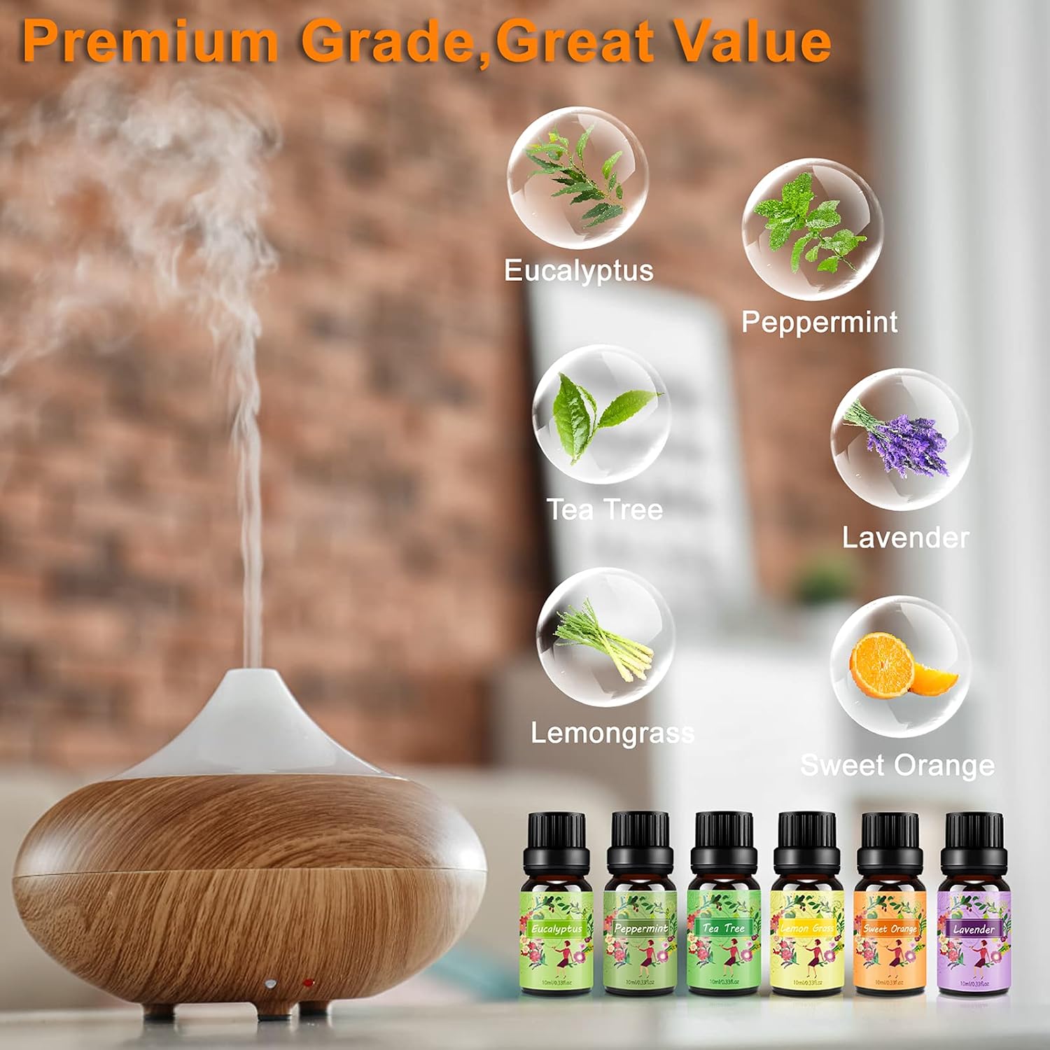 Detalle de ISURI Ätherische Öle Set für Diffuser (6×10 ml) – Lavendel, Minze, Teebaum, Eukalyptus, Zitronengras, Süßorange
