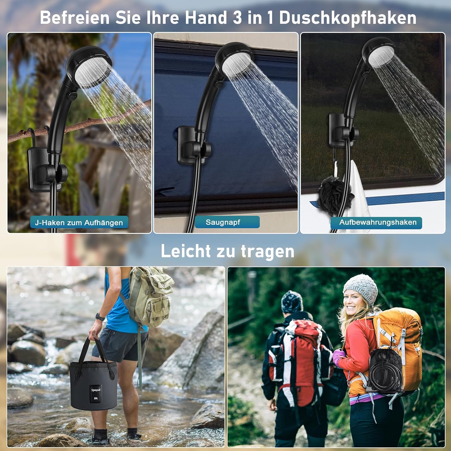 Thumbnail 6 de Spopal Campingdusche Tragbare – 20L Klappbarer Eimer, 6000mAh Akku, 4Duschmodi, IPX7 Outdoor-Dusche
