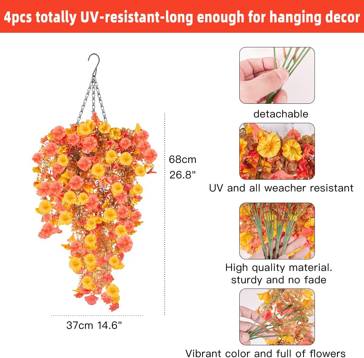 Thumbnail 1 de HBell 4-pack Artificial Hanging Flowers (UV-resistant faux petunia vines) for outdoor planters