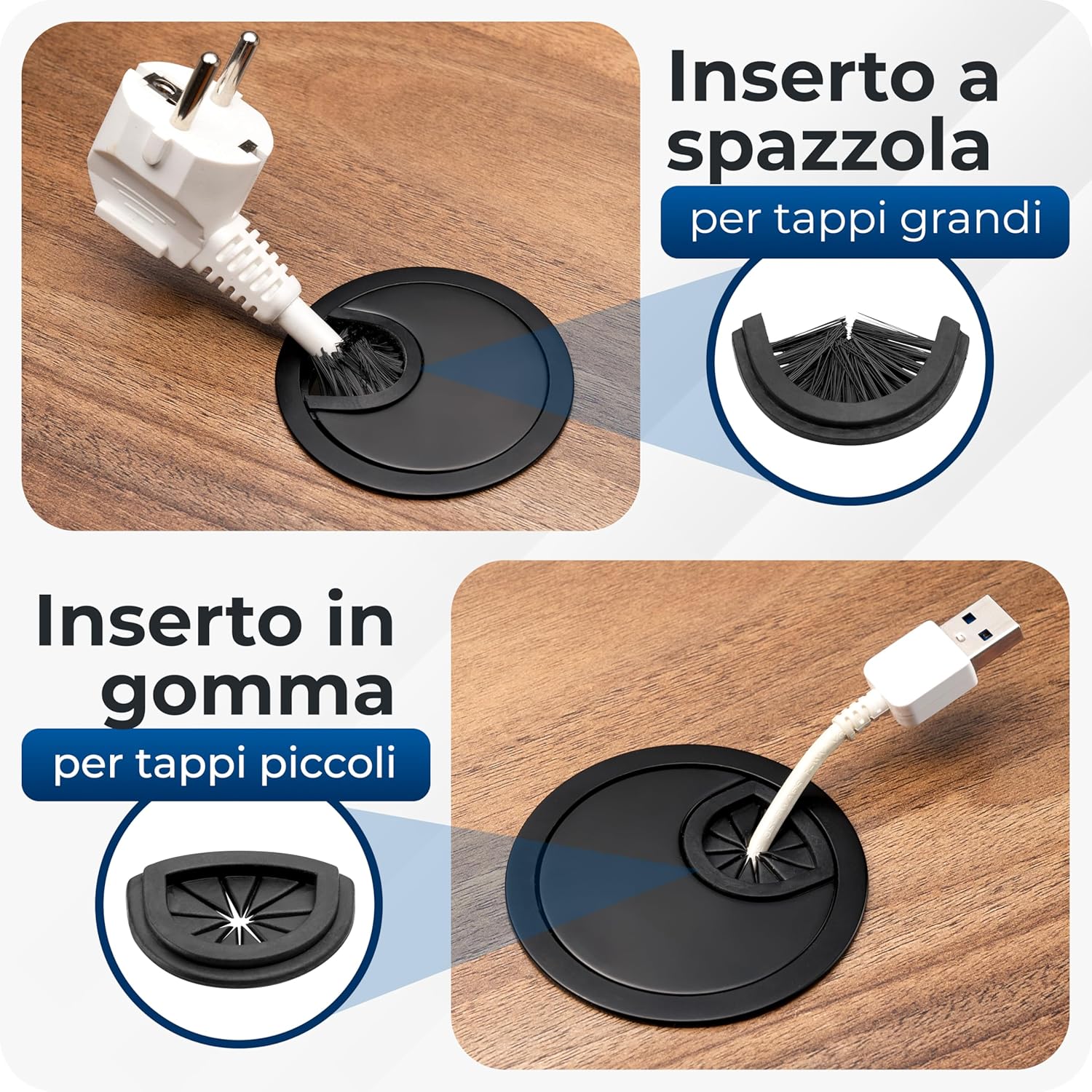 Detalle de BRUCE. Premium Passacavi Scrivania 60 mm – Tappo Passacavo in Metallo Nero, con Spazzola e Gommino Sostituibili