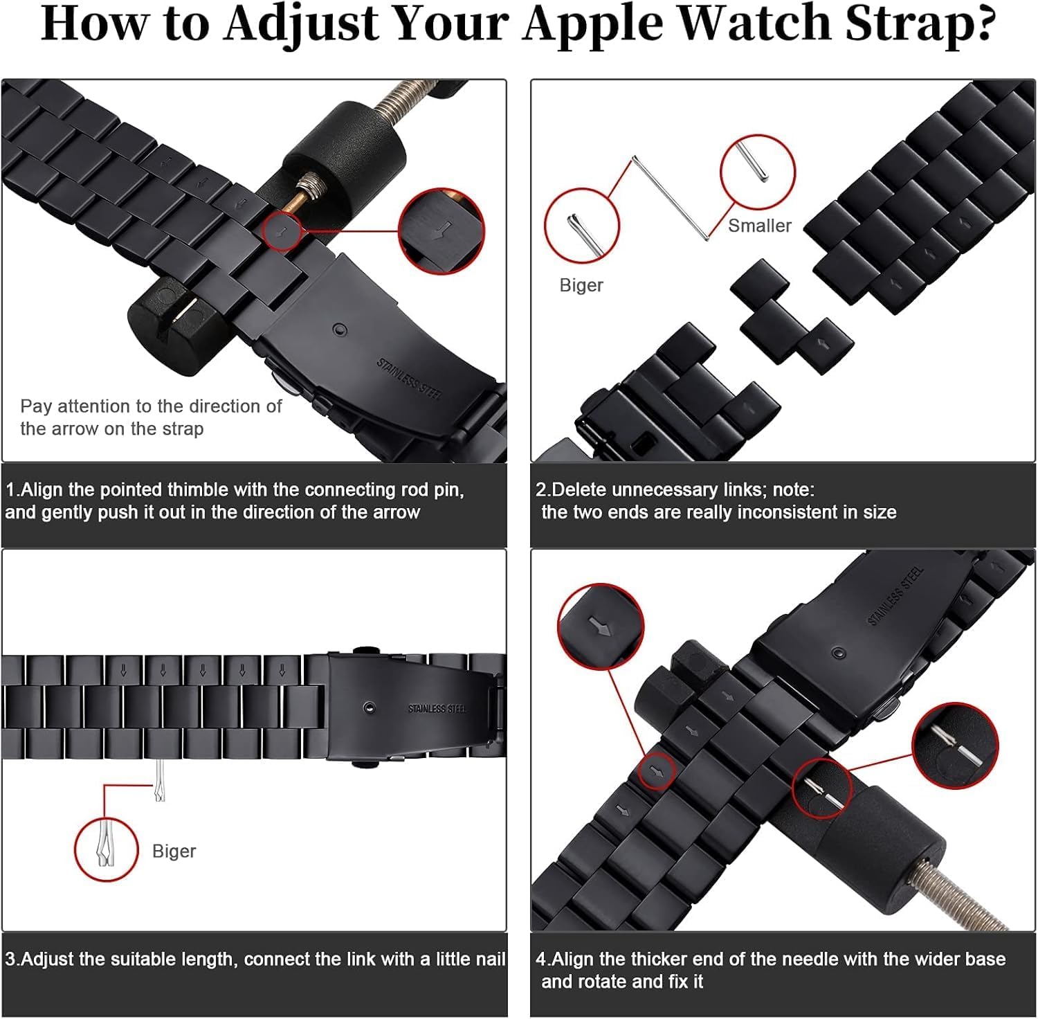 Thumbnail 3 de QAZNZ Stainless Steel 42mm Watch Strap for Apple Watch Series 10/11 (Dark Gray) – Adjustable Metal Link Band