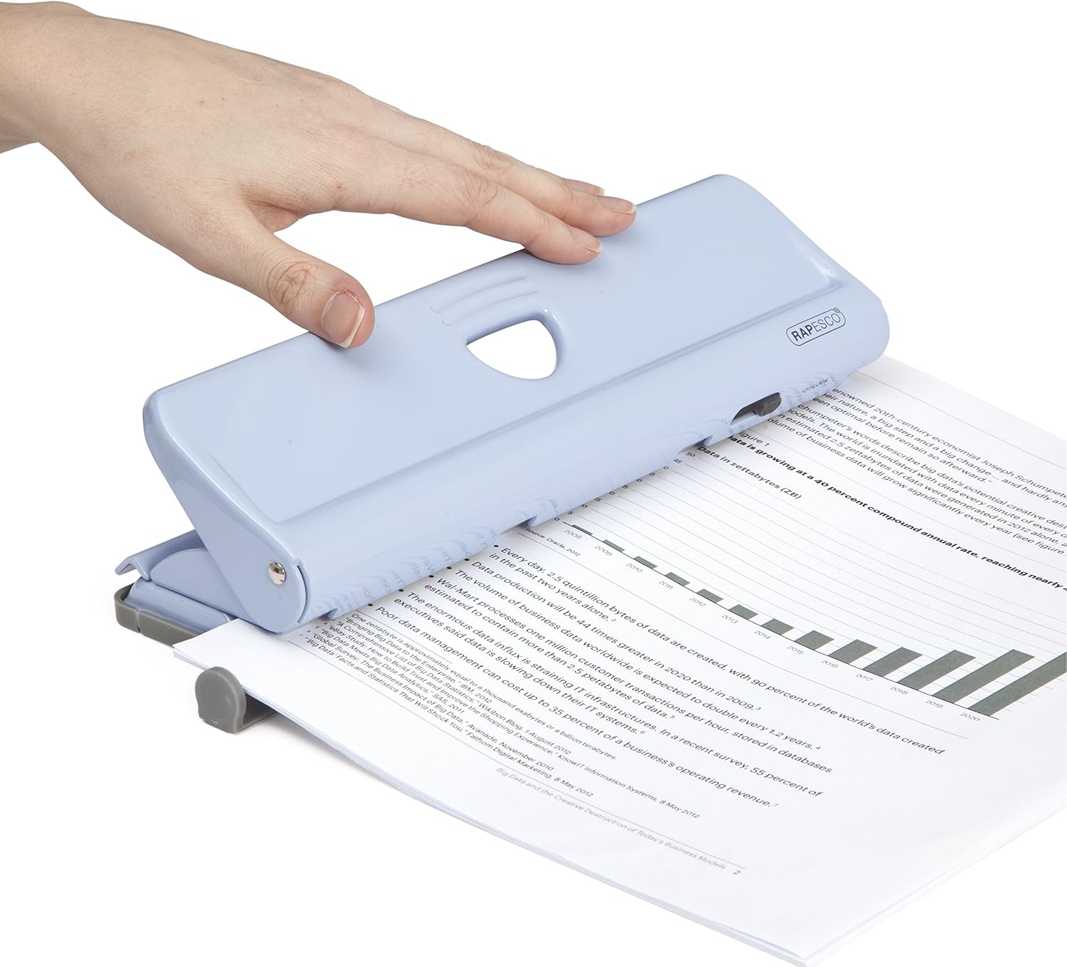 Detalle 2 de Rapesco 1348 720 Perforatrice à 4 trous en métal — 22 feuilles, bleu poudre