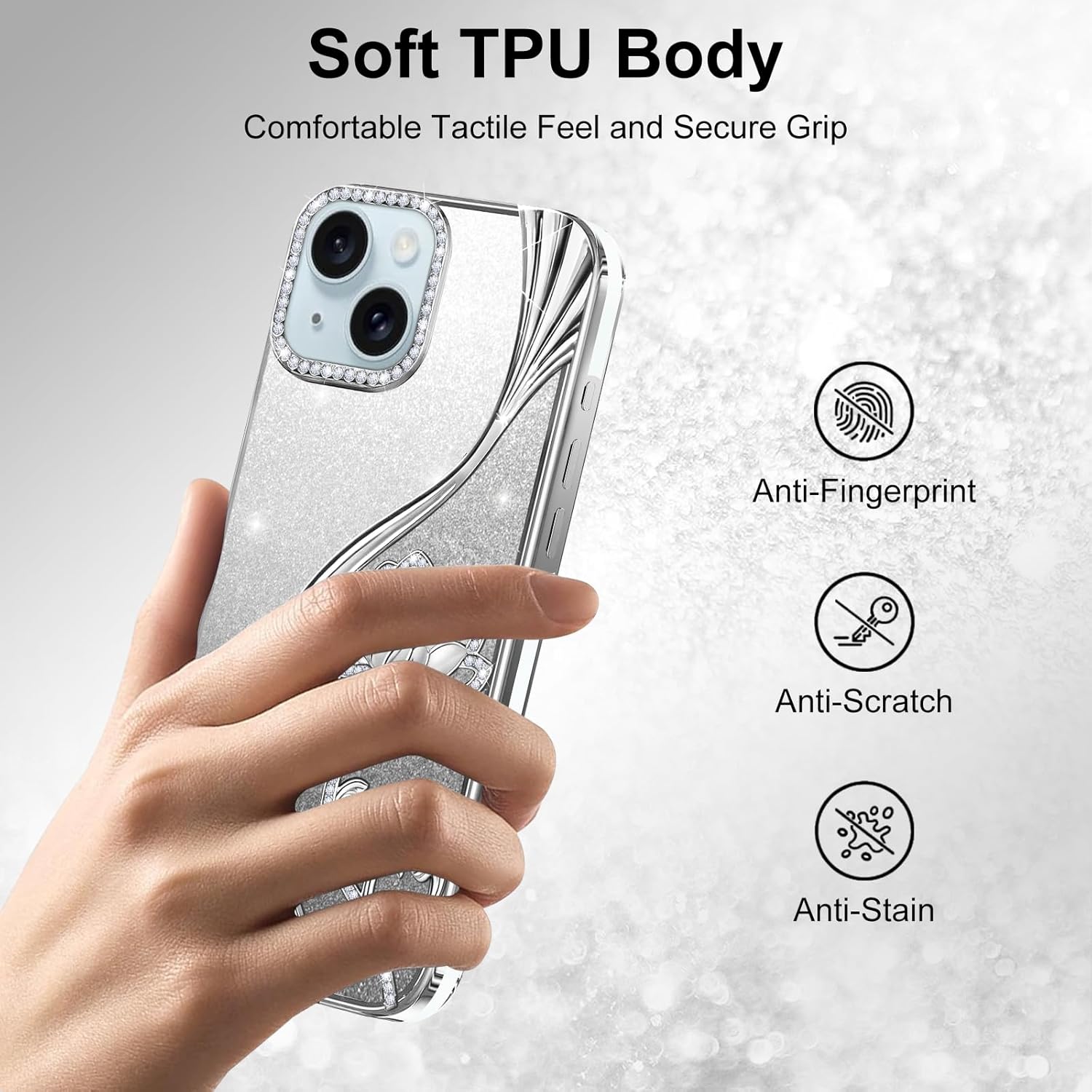 Thumbnail 2 de LEVIOSA Floral Glitter Case for iPhone 15 – Slim TPU protective cover in Silver