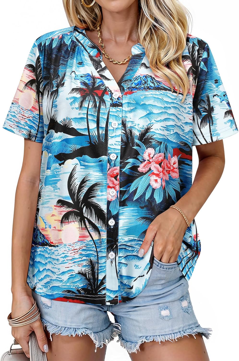 Detalle 2 de WIEIYM Womens Hawaiian Floral V-Neck Short Sleeve Shirt
