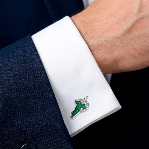 Detalle 2 de Gemelolandia Hoja de Lorien, gemelos de camisa plateados con esmalte verde