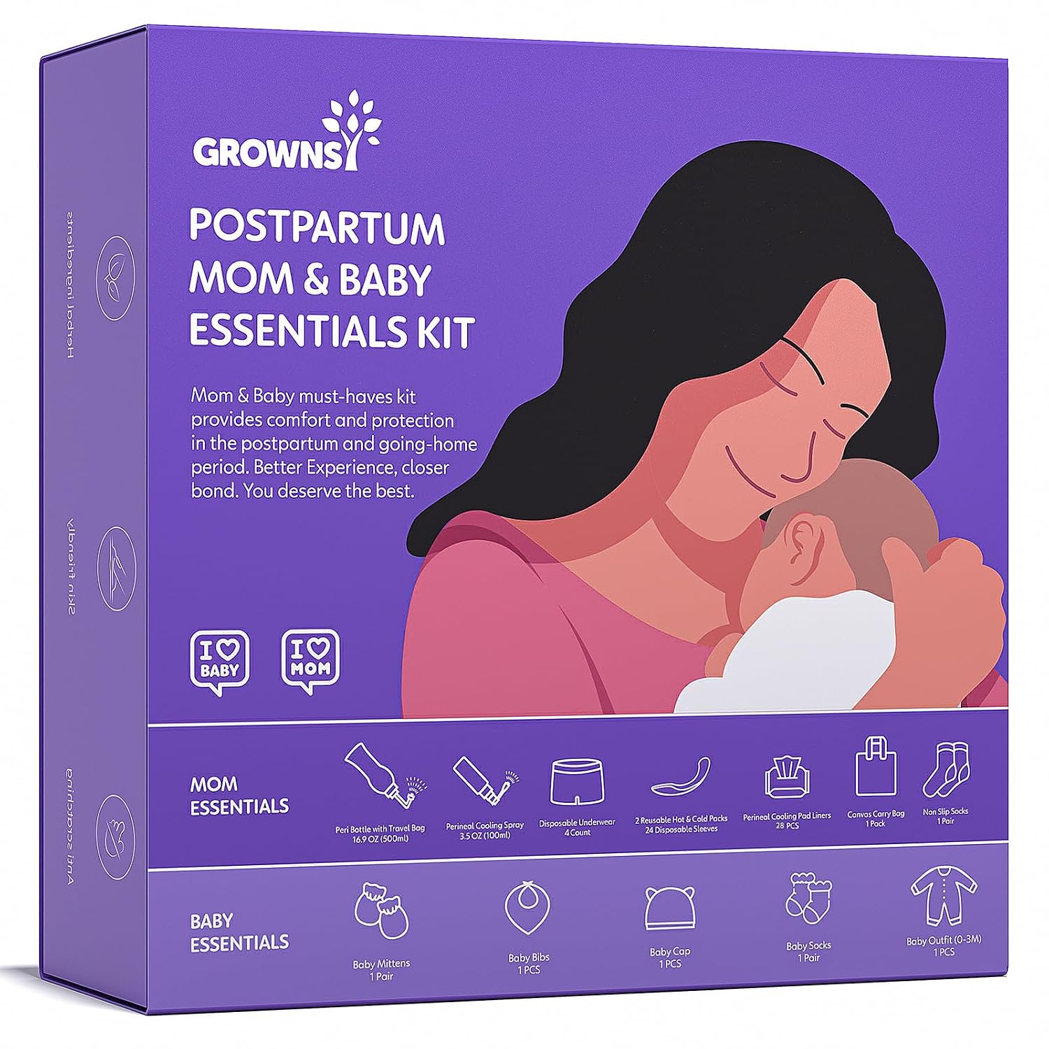Grownsy 16pc Postpartum Essentials Recovery Kit: Mom & Baby Support