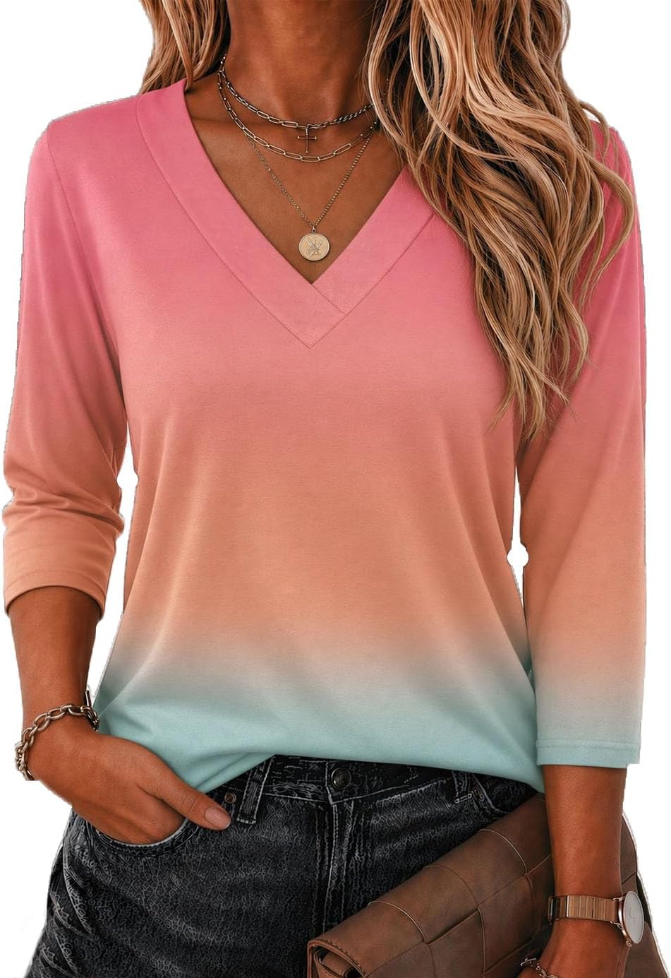 Detalle 2 de Zeagoo 3/4 Sleeve V-Neck Dressy Casual Blouse (S-2XL)
