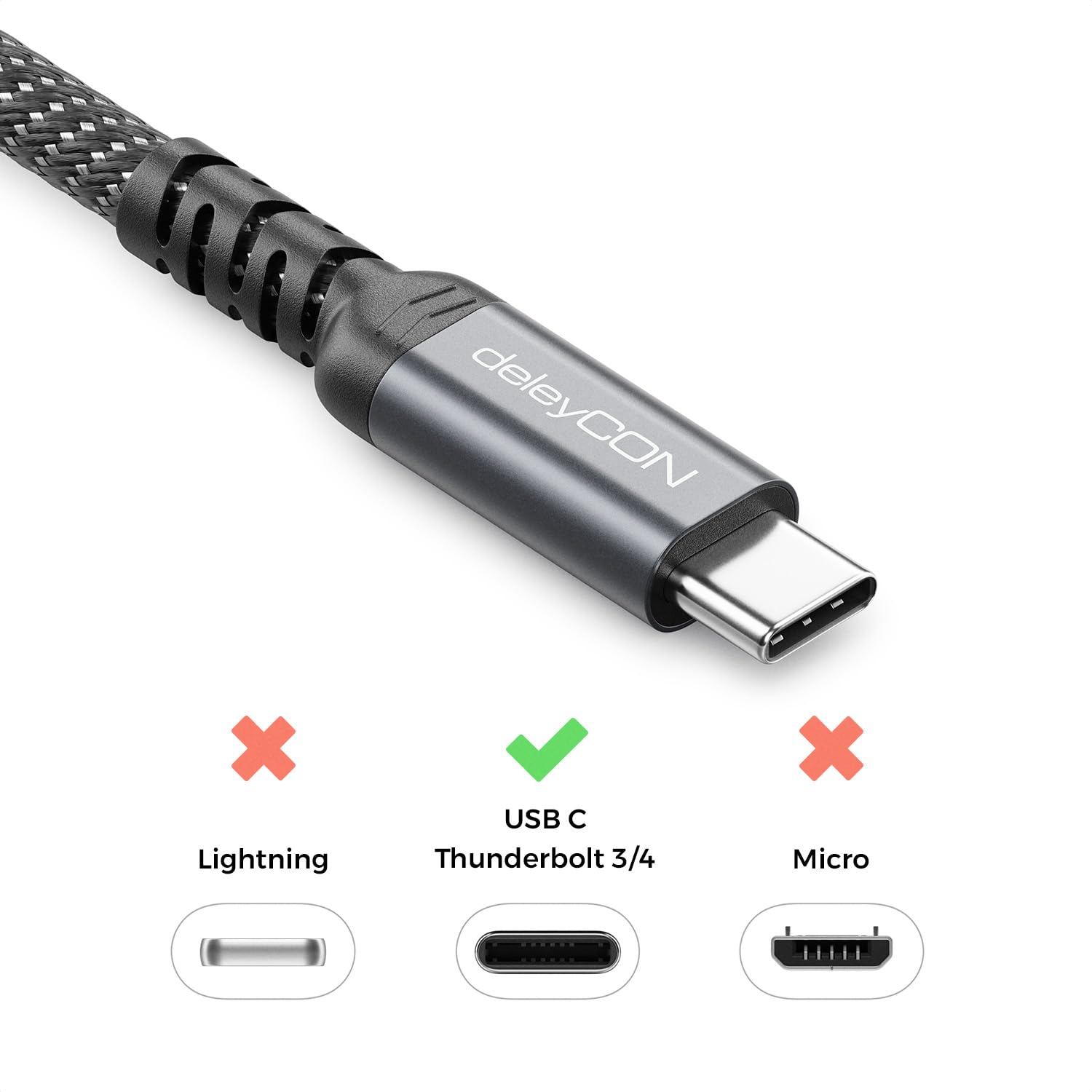 Detalle de deleyCON USB-C Kabel 1m: USB 4.0, 40 Gbit/s, 240W PD PPS, DP Alt Mode bis 8K/60Hz