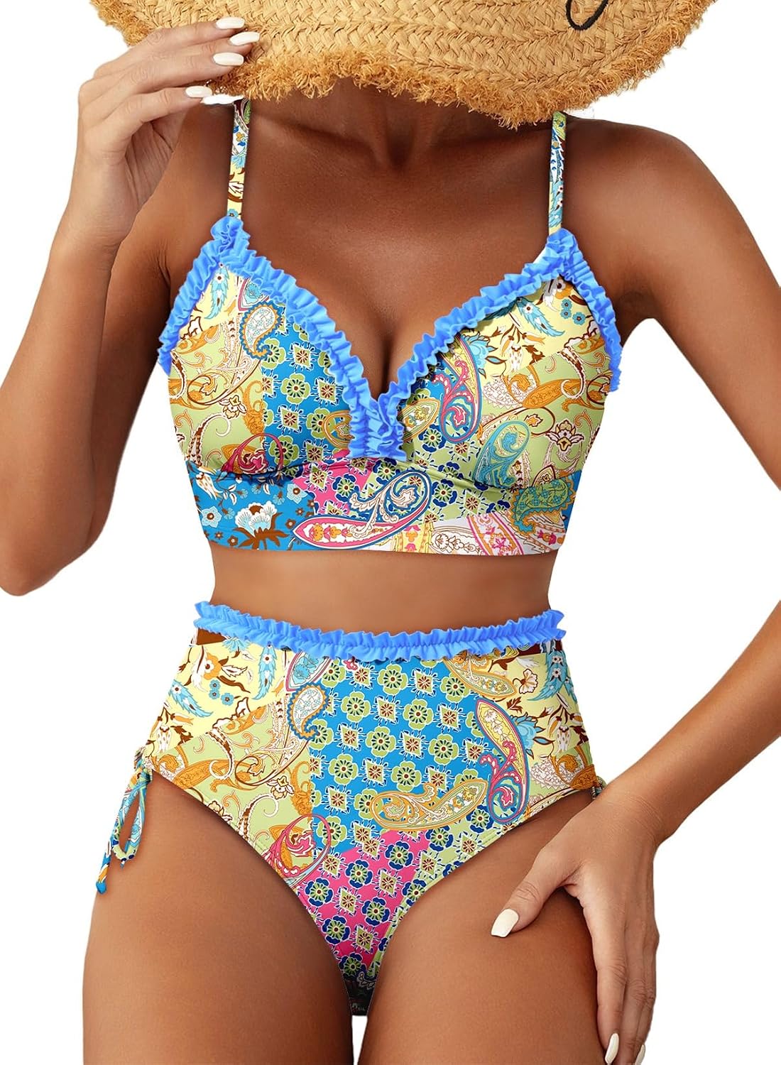 Detalle de Herseas Women's Splice Ruffle Trim Bikini Sets: Tie-Side, High-Waisted Bathing Suit