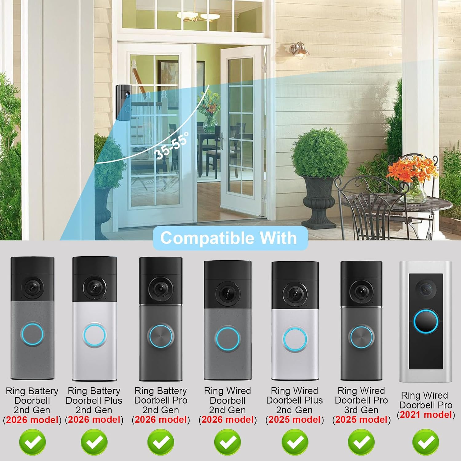 Detalle de Doorbell Angle Mount for Ring Battery/Plus/Pro (2026 New Model) – 35–55° Adjustable Corner Mount