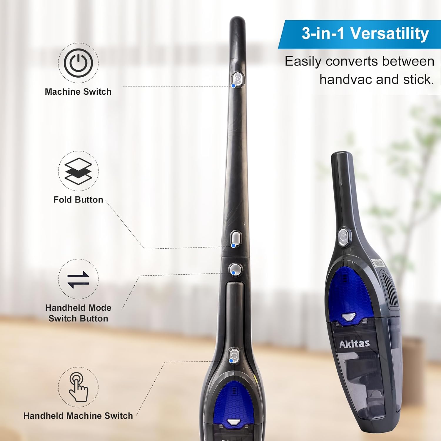 Detalle 2 de Akitas U10 Cordless Vacuum Cleaner — 2-in-1 Stick & Handheld with Auto-Charging Dock, 2.4kg, LED Turbo Brush