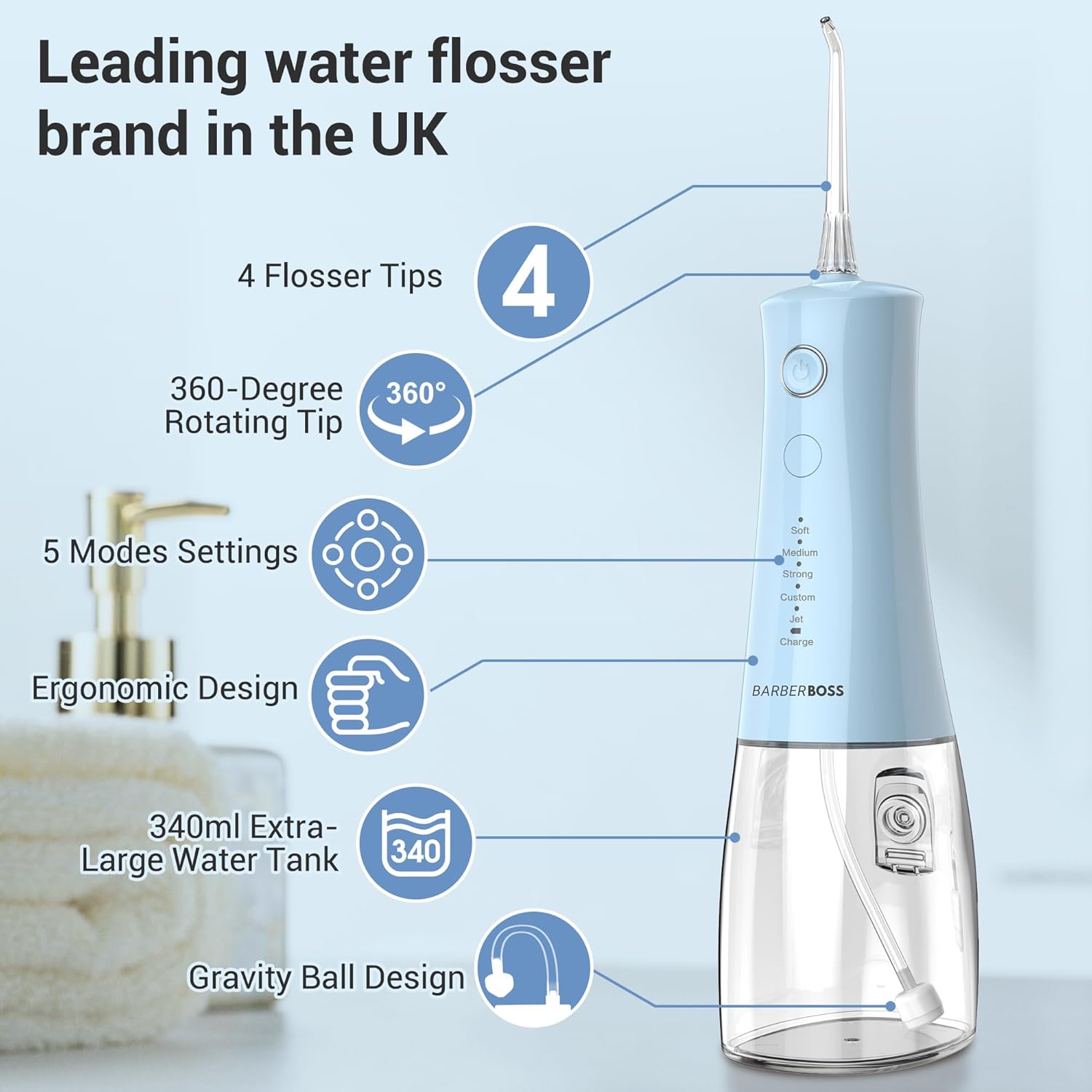 Thumbnail 1 de BarberBoss idropulsore dentale: irrigatore orale wireless con 5 modalità e serbatoio 340 ml, IPX8
