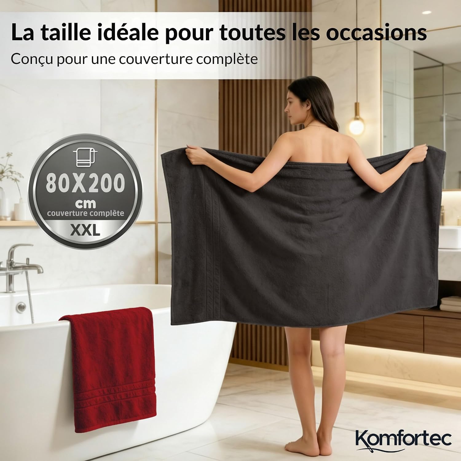 Detalle de Komfortec Lot de 2 Serviettes de Sauna 80 x 200 cm – 100% Coton XXL Noir/Rouge