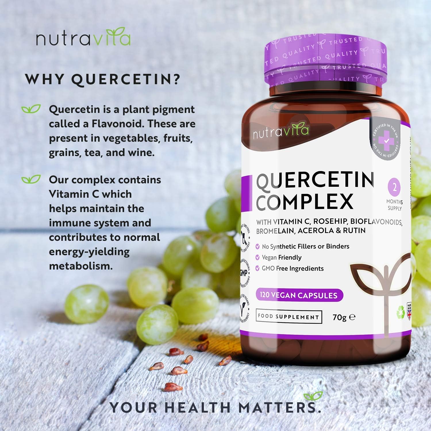 Thumbnail 1 de Quercétine 500 mg – Nutravita, 120 gélules vegan (Vitamine C 80 mg) – Extrait de fleur de cordage japonais