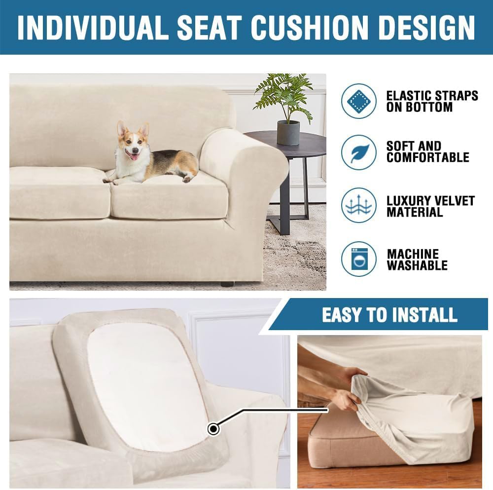 Thumbnail 5 de H.VERSAILTEX 3 Piece Stretch Sofa Covers for 2-Cushion Couch (Cream, Medium) – A Practical Upfit for Old Furniture