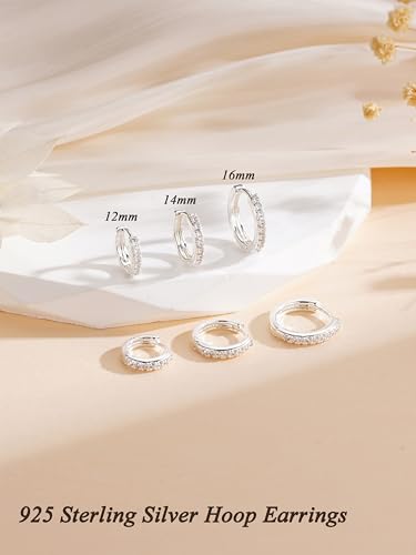 Detalle de Aretas Sterling Silver Hoop Earrings Set – 3 Pairs (12/14/16mm) Hypoallergenic with Cubic Zirconia