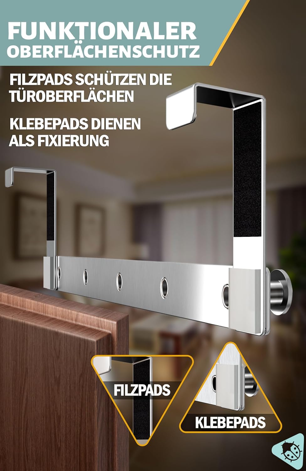 Thumbnail 5 de Menz Türgarderobe zum Einhängen aus Edelstahl mit runden Türhaken – Türhakenleiste ohne Bohren
