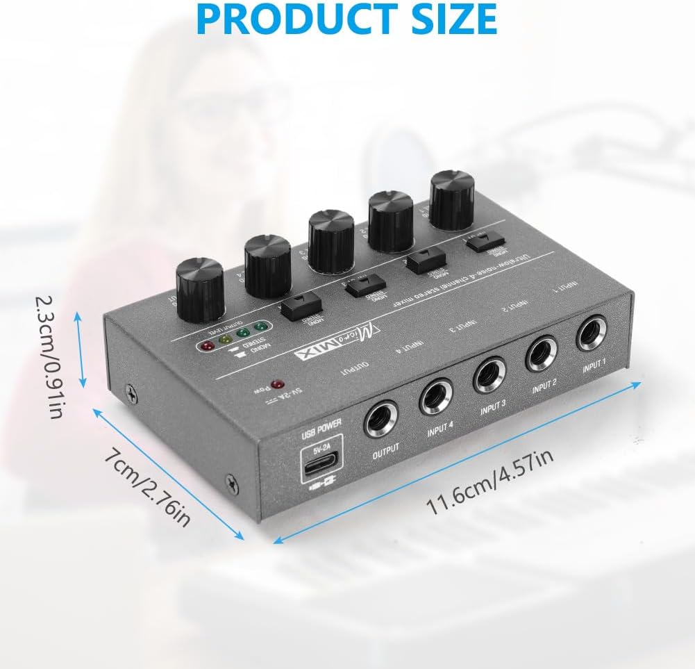 Detalle de OFFCUP 4-Channel Audio Mixer, Compact Metal Line Mixer with Individual Volume Controls