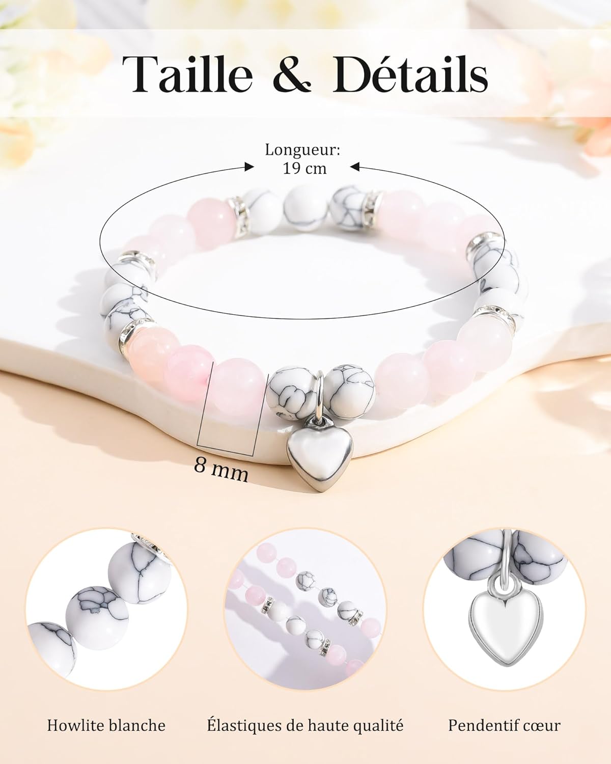 Thumbnail 4 de Seyaa Idee Cadeau Femme, Bracelet Pierre Naturelle avec Pendentif Cœur - Howlite Blanche, Ajustable 19 cm