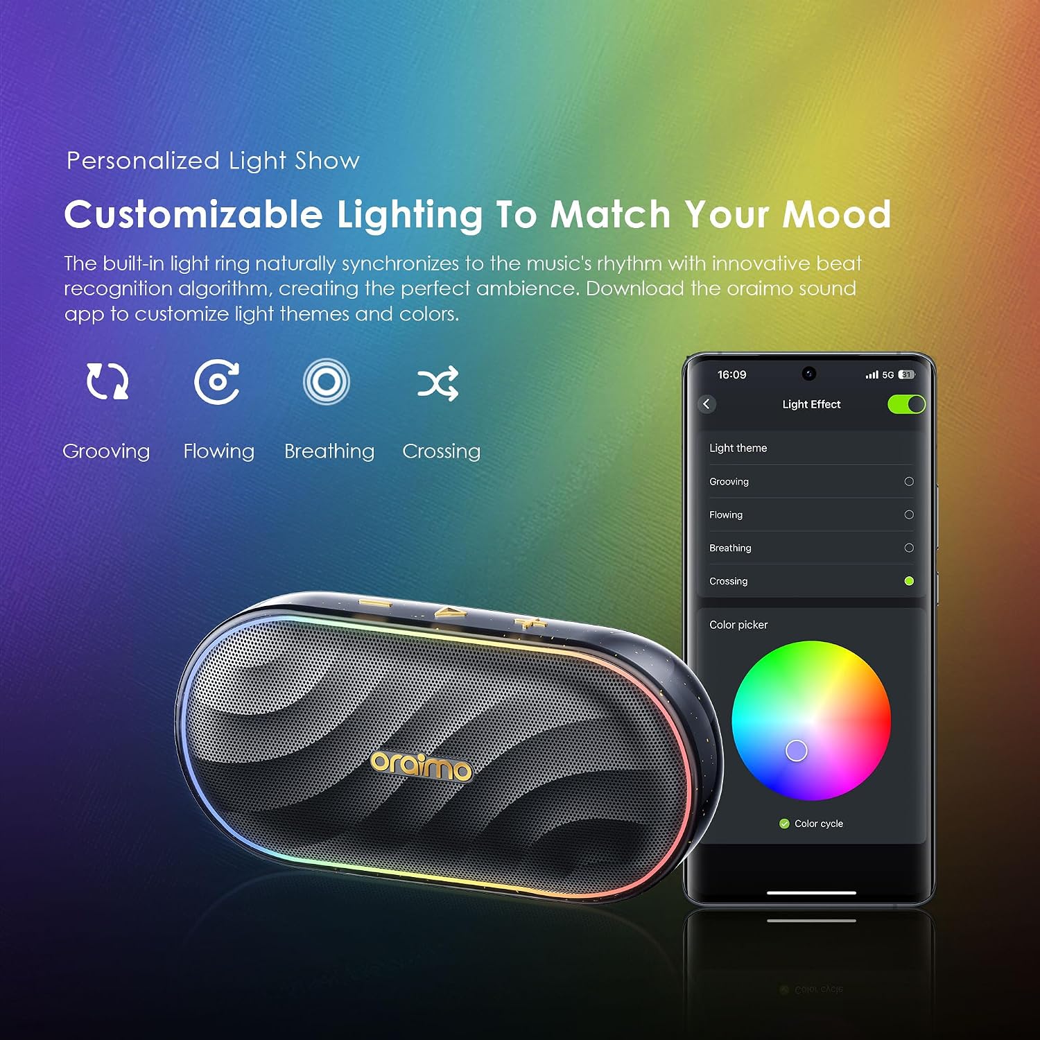 Detalle 2 de Oraimo SpaceBox Bluetooth Speaker — Waterproof Portable with LED Lights, 30-Hour Playtime, USB‑C Rechargeable