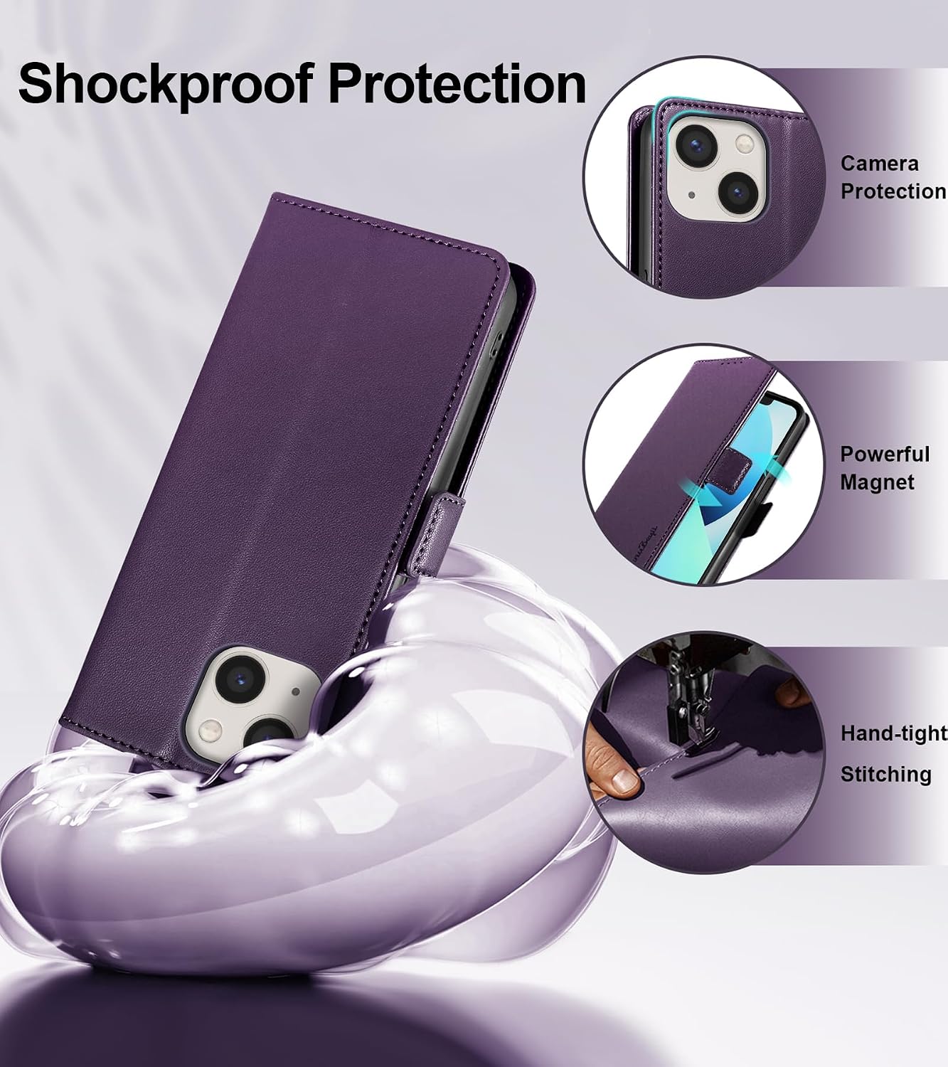 Thumbnail 4 de Yunubeyii Wallet Flip Case for iPhone 13 with RFID Blocking, Magnetic Flip & Kickstand (Purple)