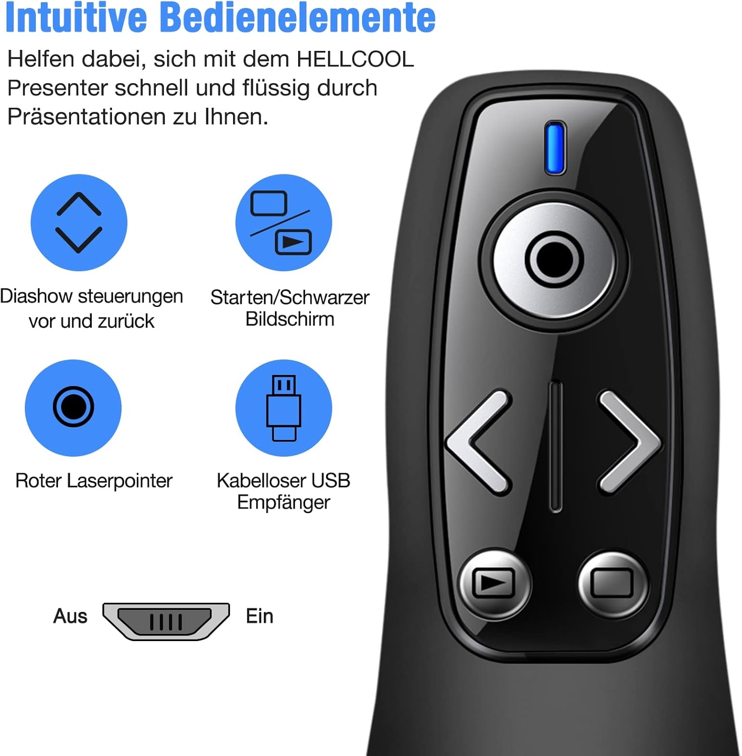 Detalle de Presenter USB C – Kabellose Presenter Fernbedienung mit 2,4 GHz, USB A & USB C Empfänger, Roter Pointer