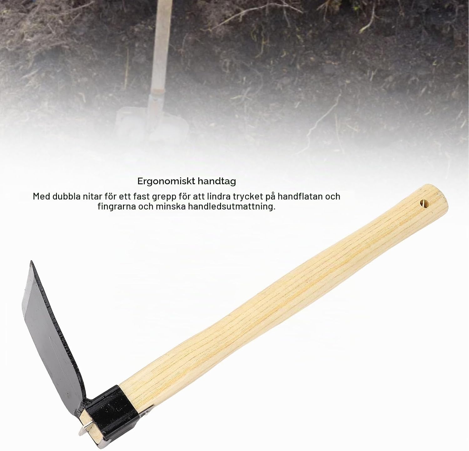 Detalle 1 de Aramox D202 planteringshacka med trähandtag och blad i kolstål