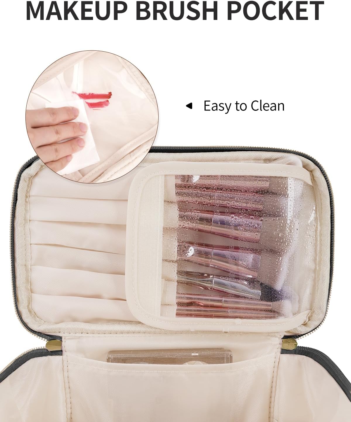 Detalle de Travel Quilted Makeup Bag with Brush Compartment (Patent Pending) – Large Black Cosmetic Case
