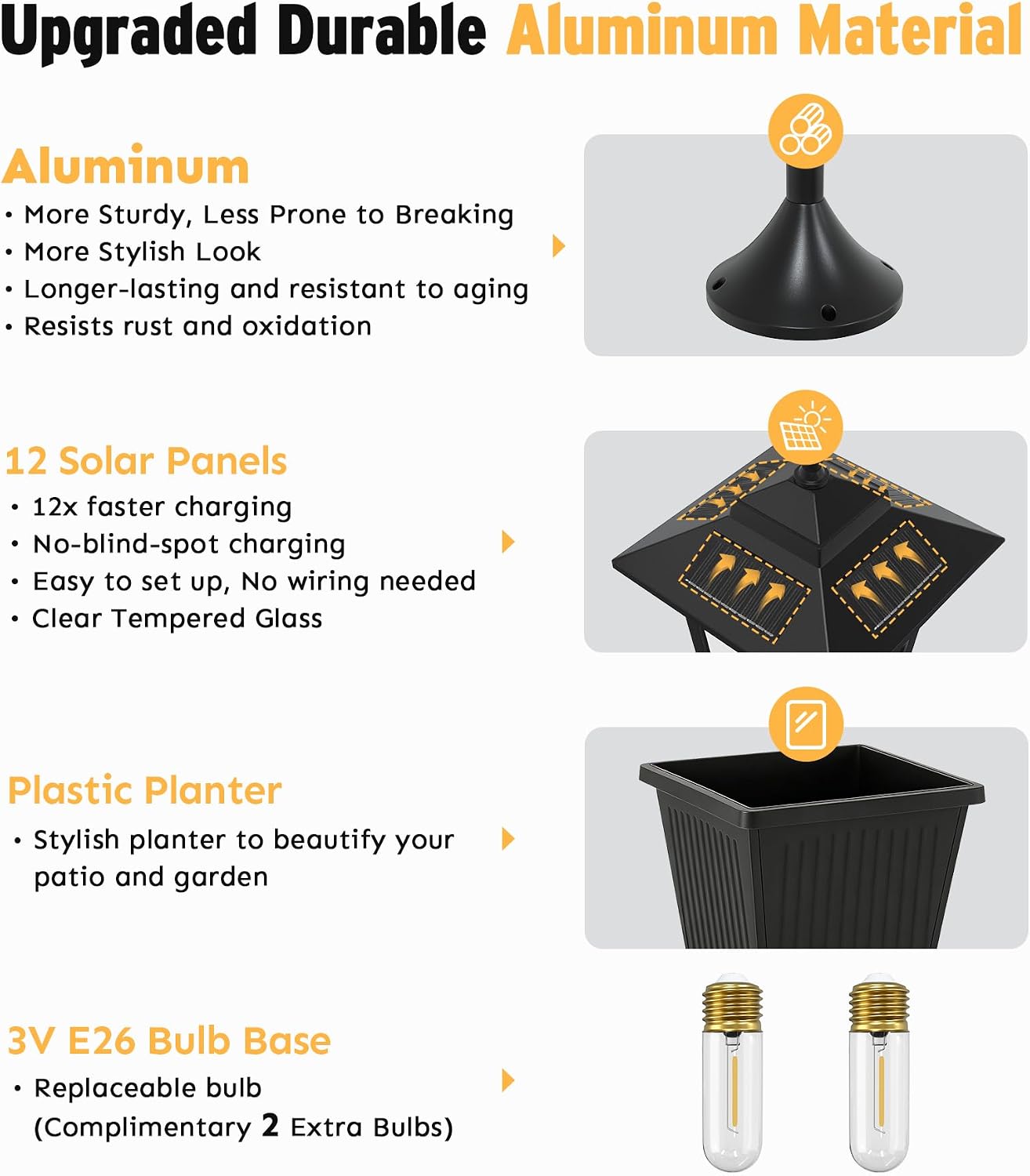 Detalle de Joyoowild 18K Solar Lamp Post with Planter, 3 Heads, 3000K Warm Light