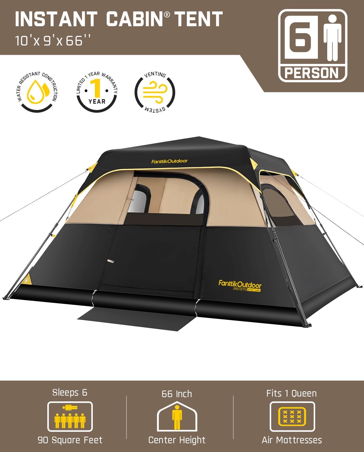 Detalle de FanttikOutdoor Zeta C6 Pro 6-Person Instant Cabin Tent with Rainfly