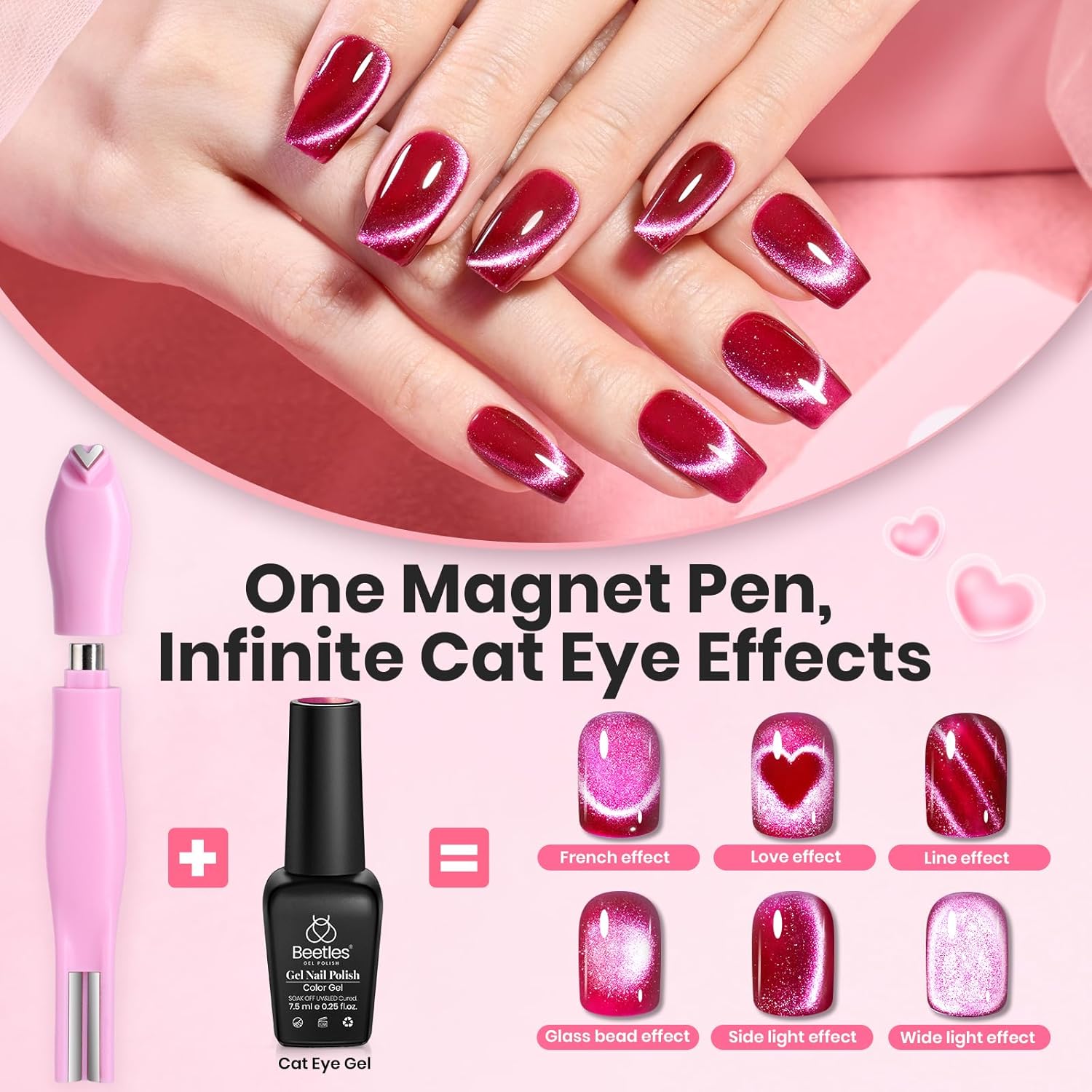 Detalle de Beetles Cat Eye Magnet Pen (3-in-1) for Nail Art: Heart, Round & Stripe Effects