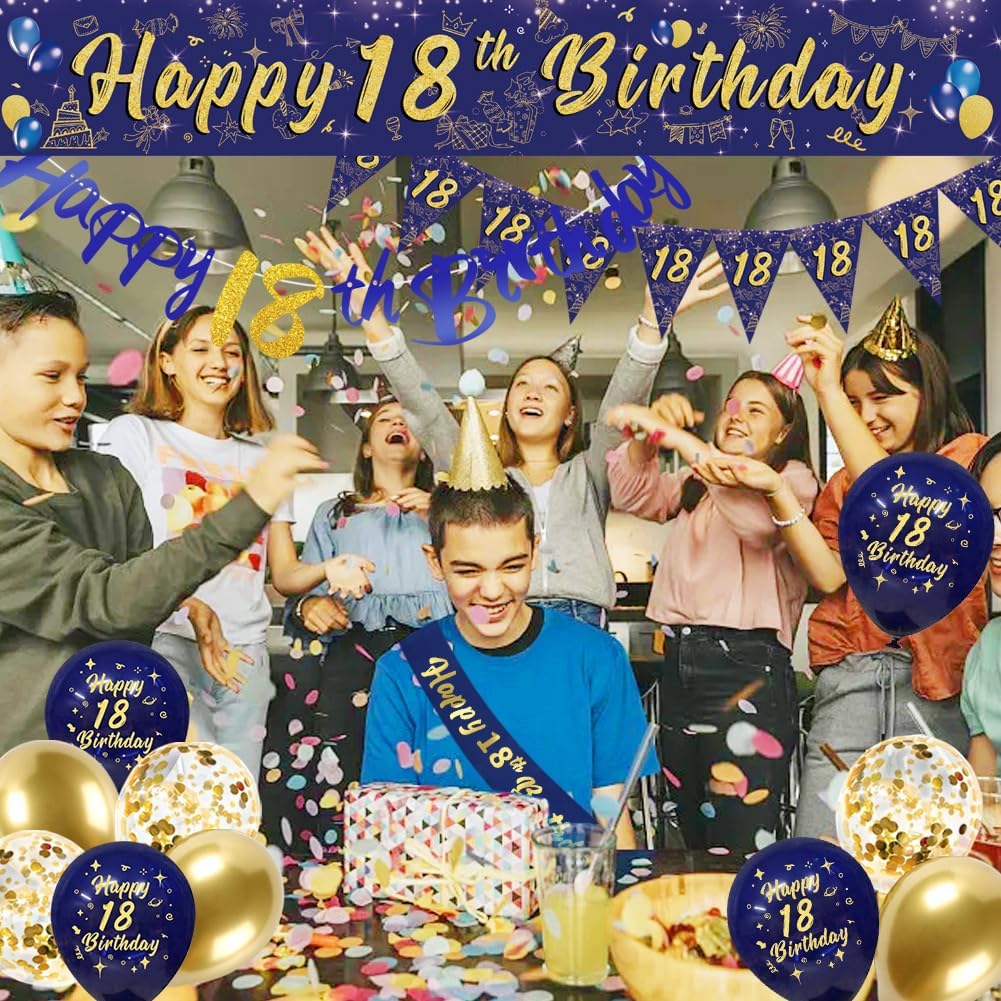 Thumbnail 5 de Navy Blue & Gold 18th Birthday Decorations for Men – Triangular Flags, Balloons & More