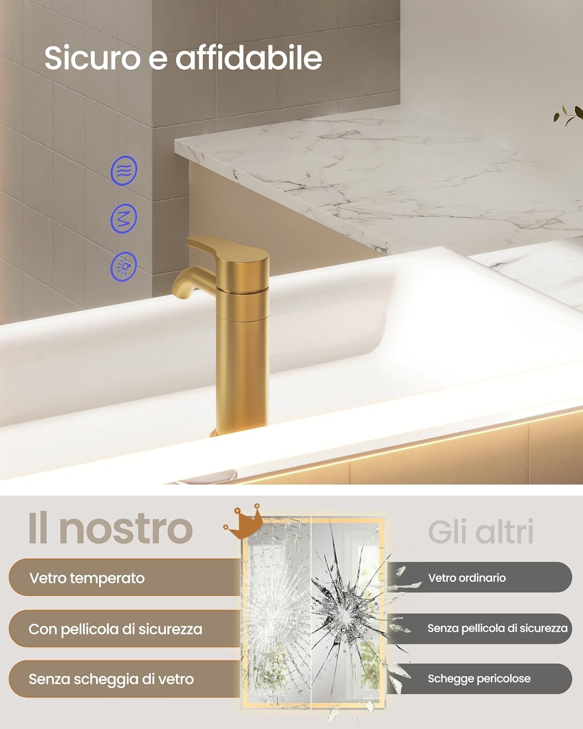 Detalle 2 de SONGMICS Specchio Bagno con Luce LWM210WC02: rettangolare, antiappannamento e luminosità regolabile