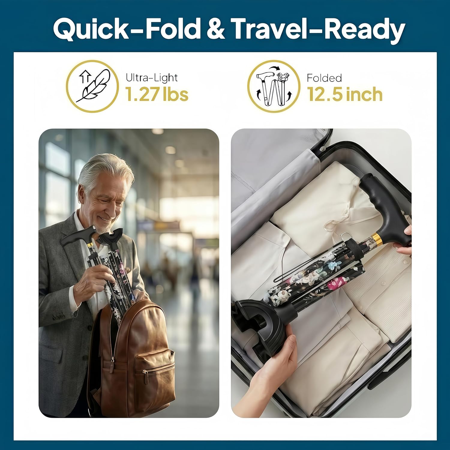 Thumbnail 6 de Hedkin Folding Walking Cane with LED Light, Adjustable Height, Quad Base