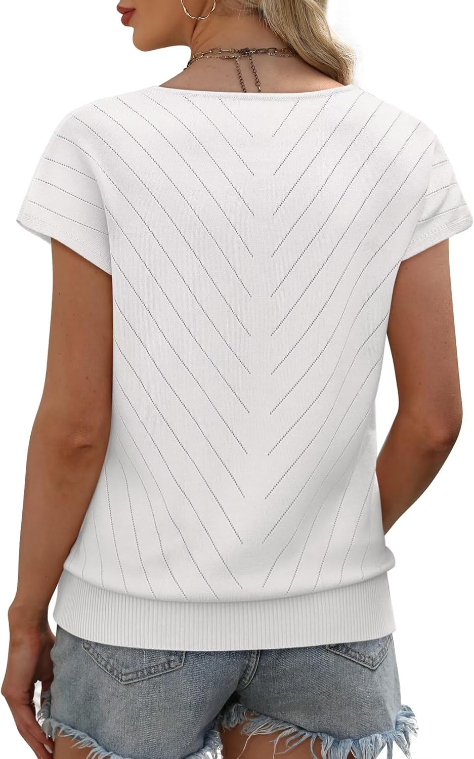 Detalle 1 de WIHOLL Damen Pullover Kurzarm mit V-Ausschnitt – leichtes Stretch-Strickshirt für Sommer & Büro