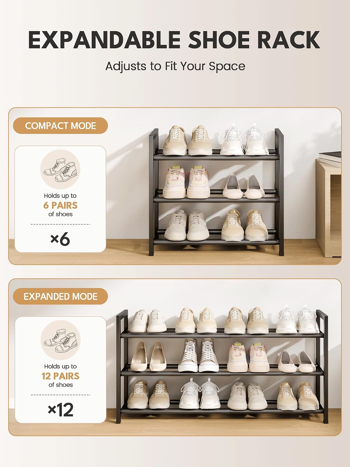 Detalle 2 de Bumusty 3-Tier Expandable Shoe Rack 18โ33" ๐ช
