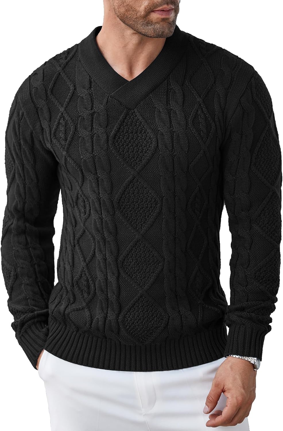Detalle de COOFANDY Maglione Slim Fit Scollo V Treccia