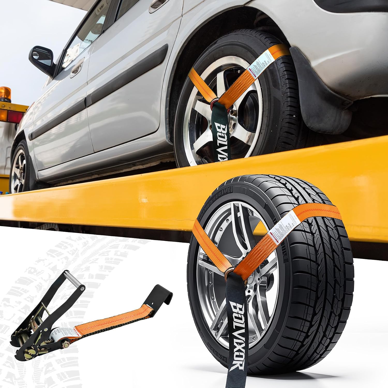 Detalle de Bolvixor 4 Pack Car Tie Down Straps for Trailers — 2" x 96", 9900LBS Break Strength, Heavy-Duty Tire Ratchet Straps with Flat Hooks